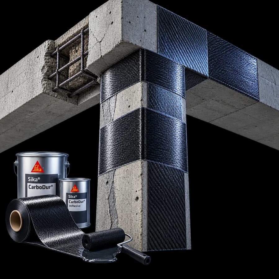Refuerzo estructural con fibra de carbono Sika CarboDur en columna y viga